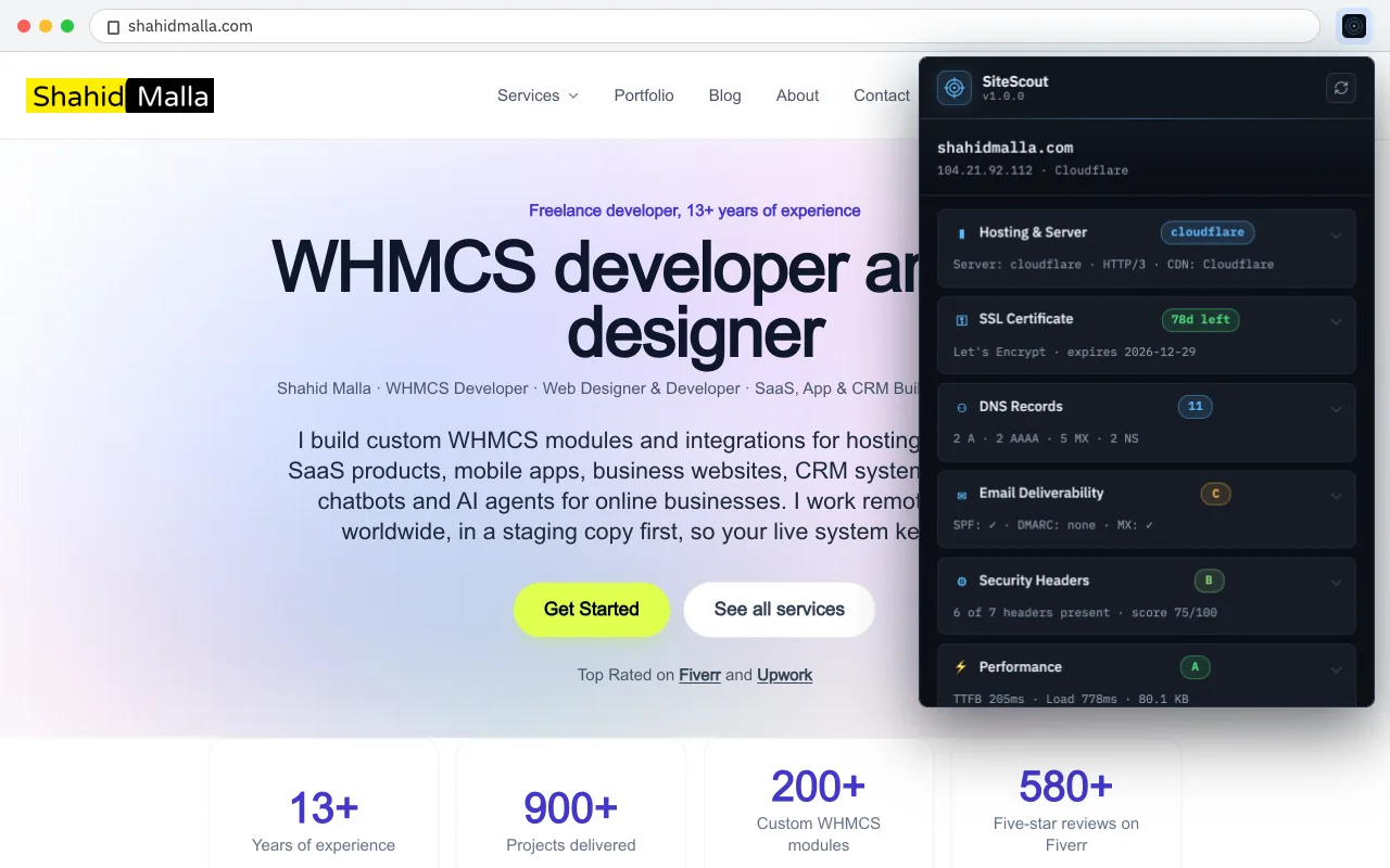 The full report for a site: hosting, SSL, DNS, email, security headers and performance.