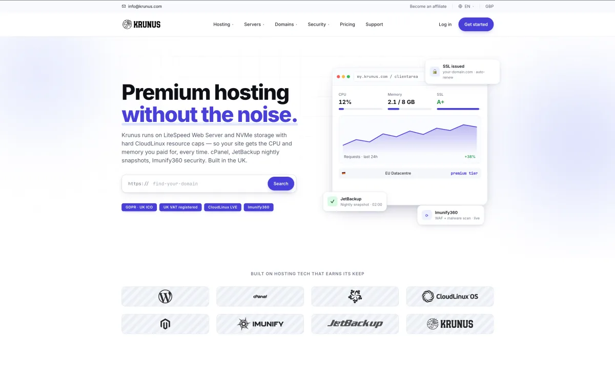 Krunus screenshot: Website and order flow for a UK hosting provider