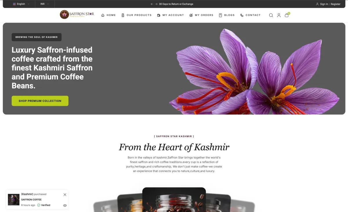 Saffron Star Kashmir screenshot: Online store for Kashmiri saffron and saffron coffee