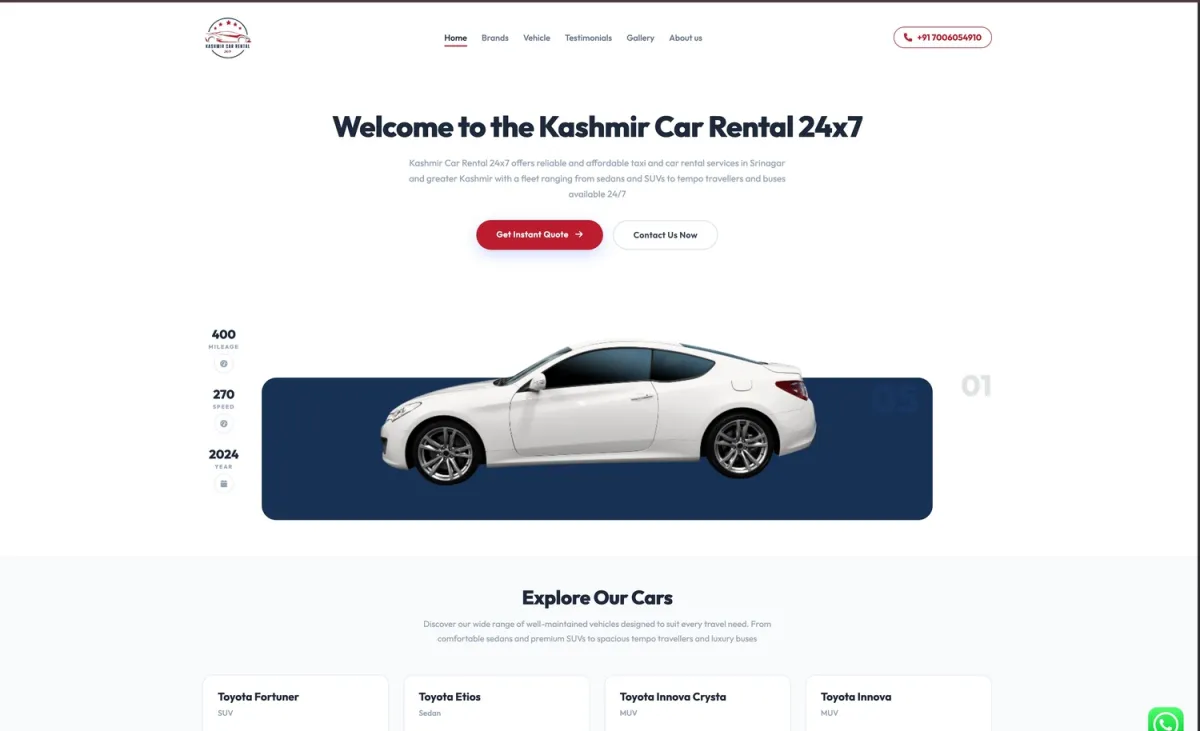 Kashmir Car Rental 24x7 screenshot: Booking landing page for a Srinagar taxi and car rental service