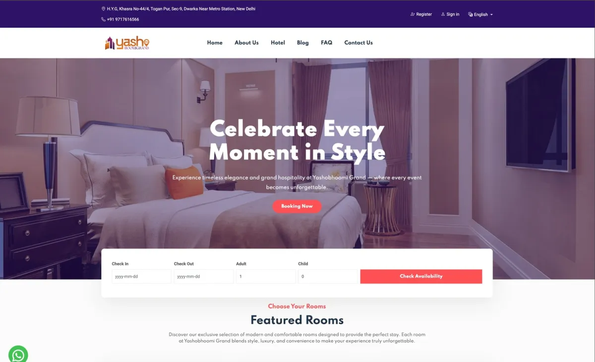 Yashobhoomi Grand screenshot: Hotel booking website for a New Delhi hotel