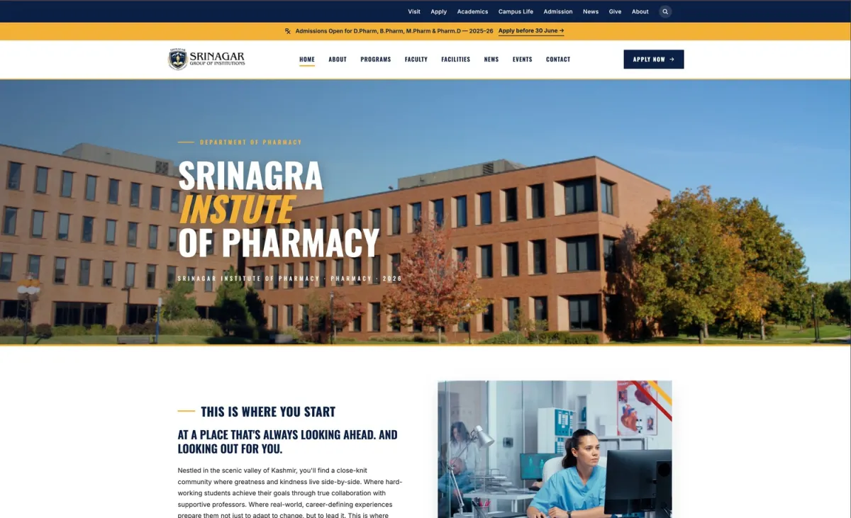 Srinagar Institute of Pharmacy screenshot: Website for a pharmacy college in Srinagar