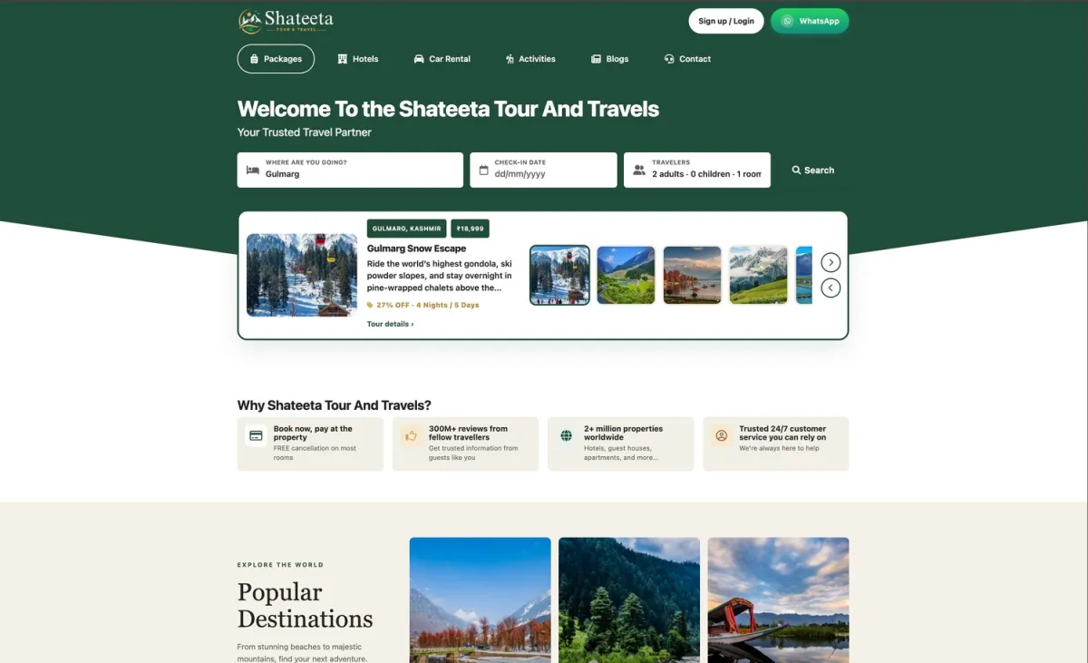 Shateeta Tour and Travel screenshot: Booking website for Kashmir tours, hotels and houseboats