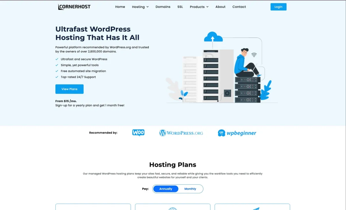 CornerHost screenshot: Website for an Australian managed WordPress host