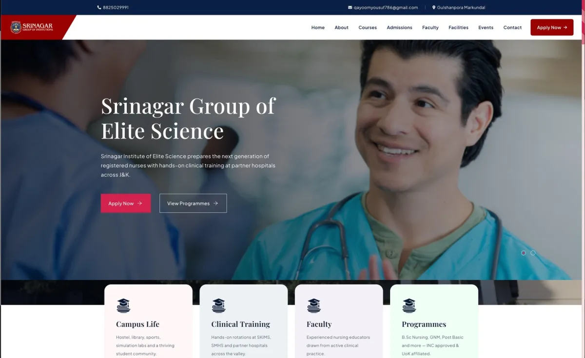 Srinagar Institute of Nursing screenshot: Website for a nursing and allied sciences college in Srinagar