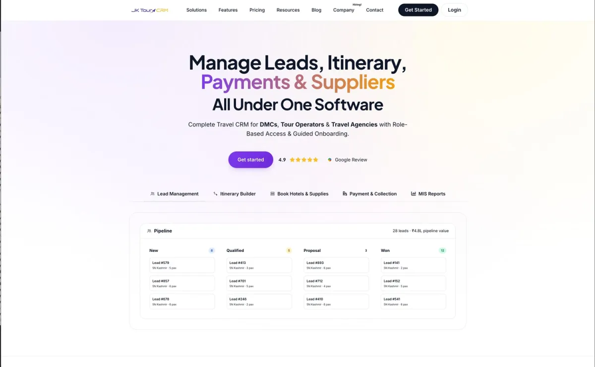JK Tour CRM screenshot: Travel CRM for tour operators, DMCs and travel agencies