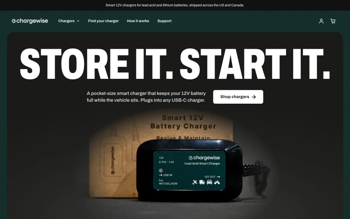 Chargewise screenshot: Next.js online store for smart 12V battery chargers