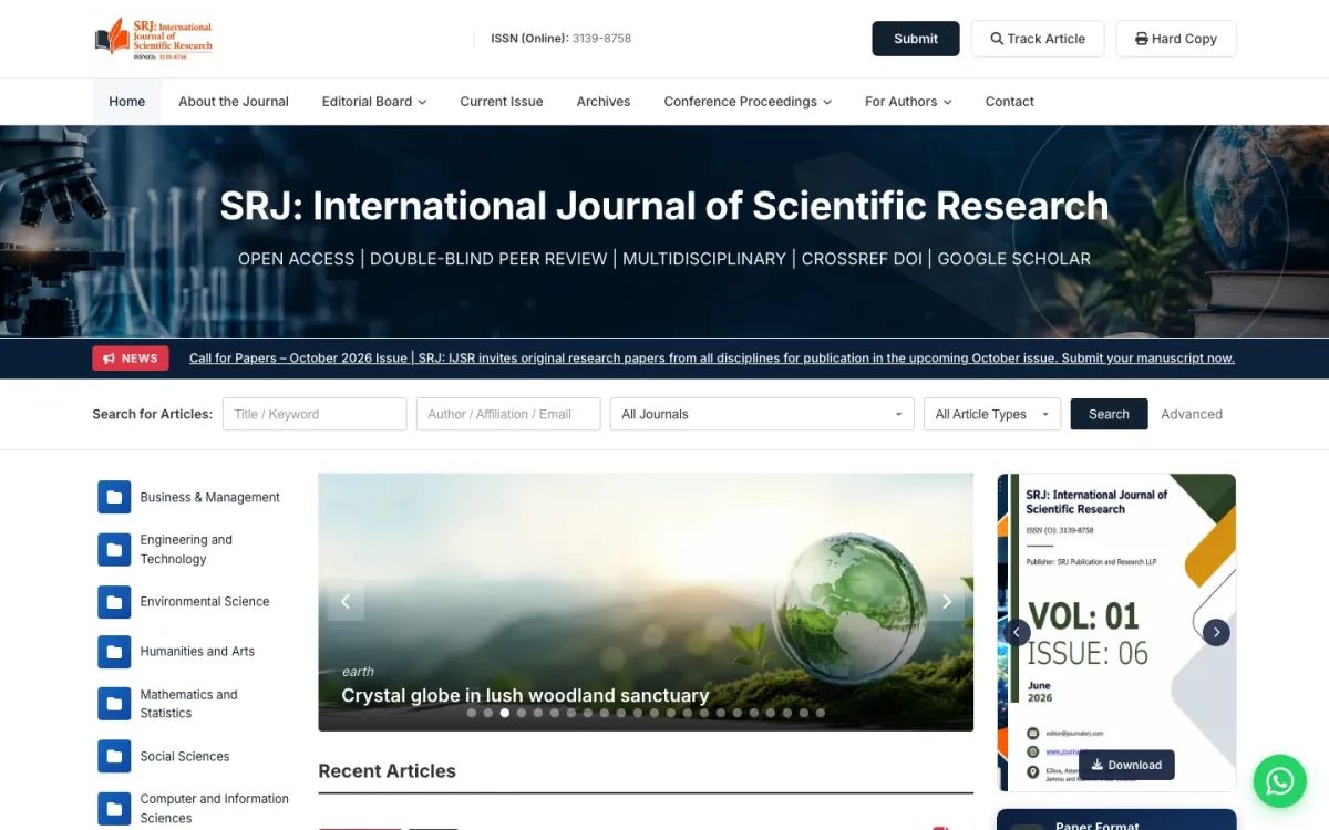 SRJ Journal screenshot: Publishing platform for an open-access scientific journal