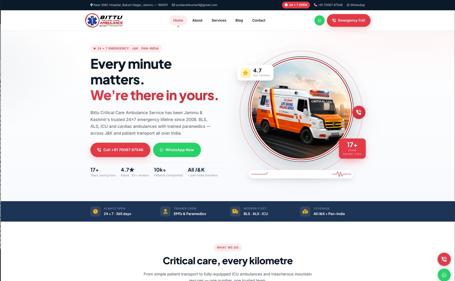 Critical Care Ambulance Service Website screenshot